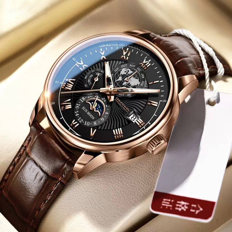 Prestige Black Leather Multifunction Watch