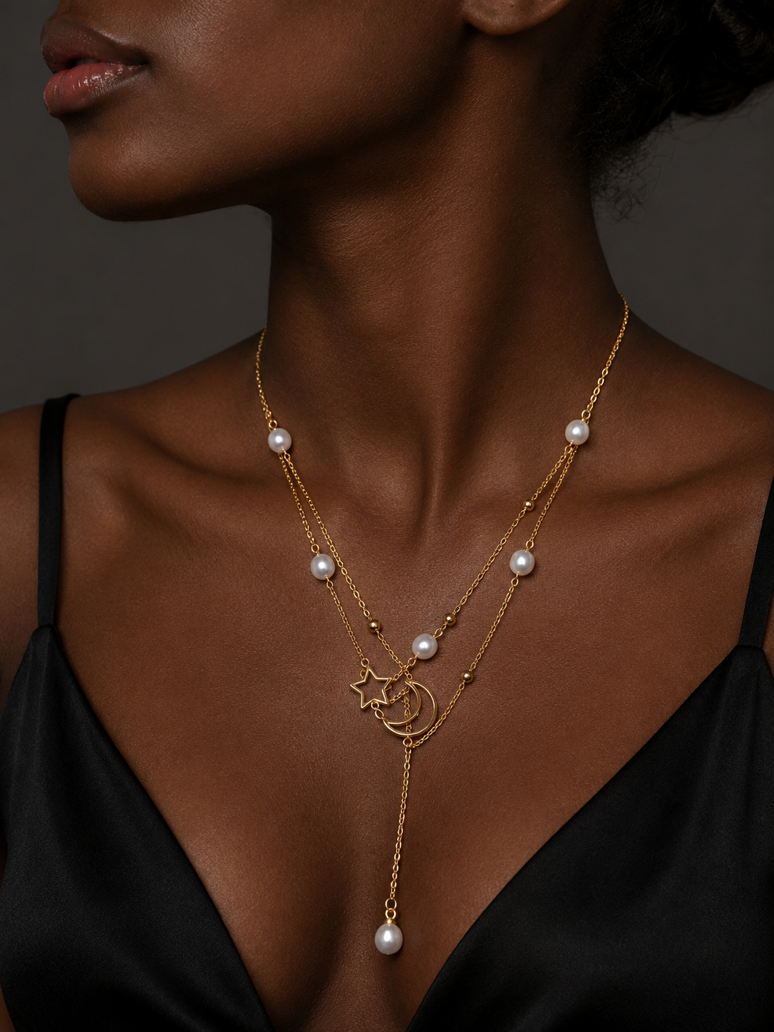 Luxury Gold Pearl Moon & Star Drop Necklace